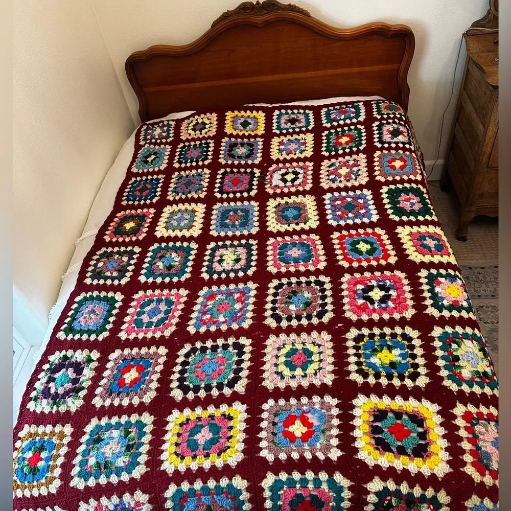 Vintage Crochet Granny Square Blanket 64X78 Afghan Cottagecore Boho Roseanne